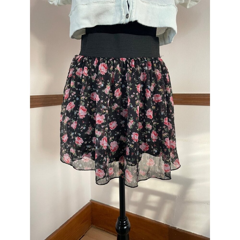 Vintage Y2K Deb Black Pink Floral Mini Skirt Layered Large Goth Indie Sleaze Emo